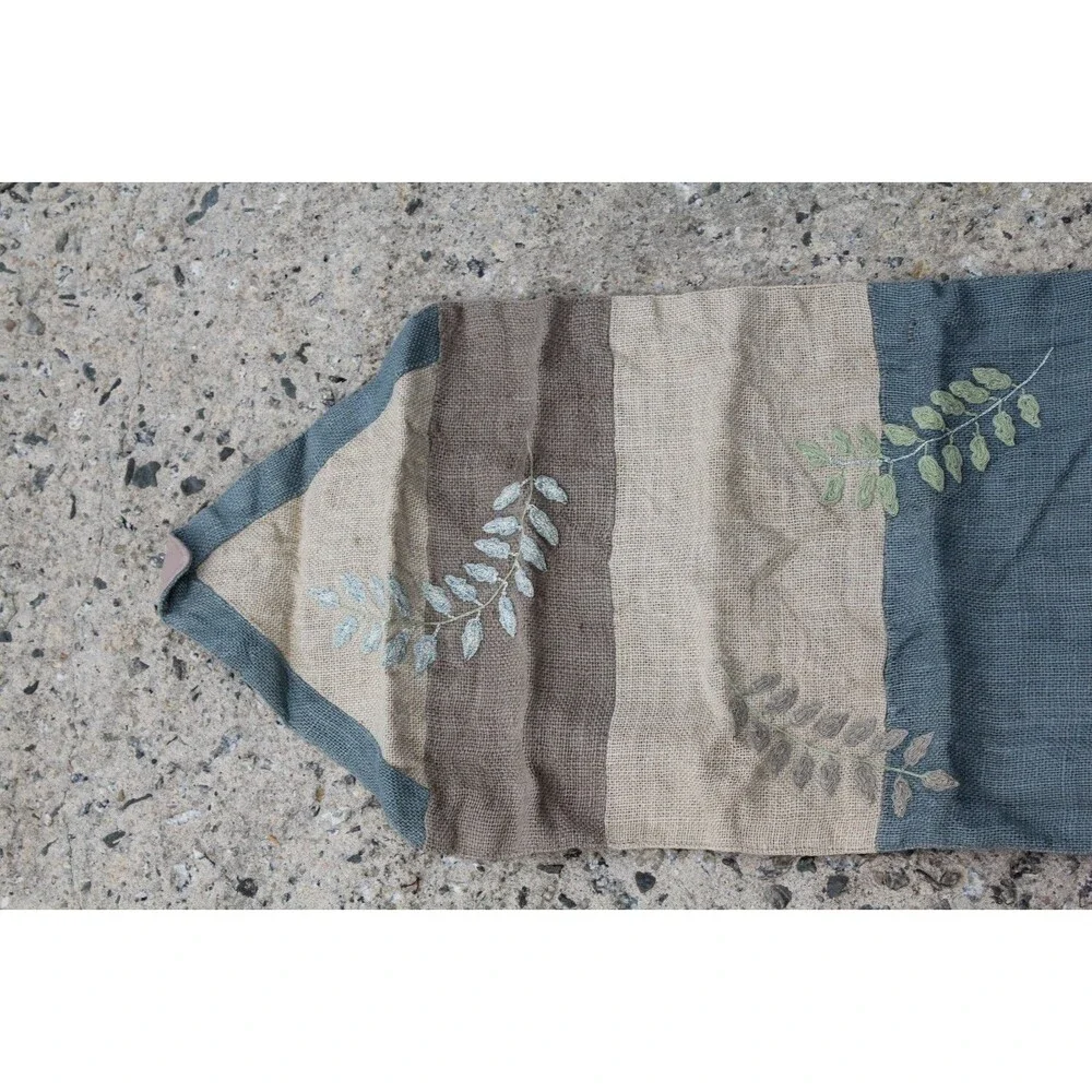 Pier 1 Imports Table Runner Jute Cotton Blue Green Leaves Embroidered 65